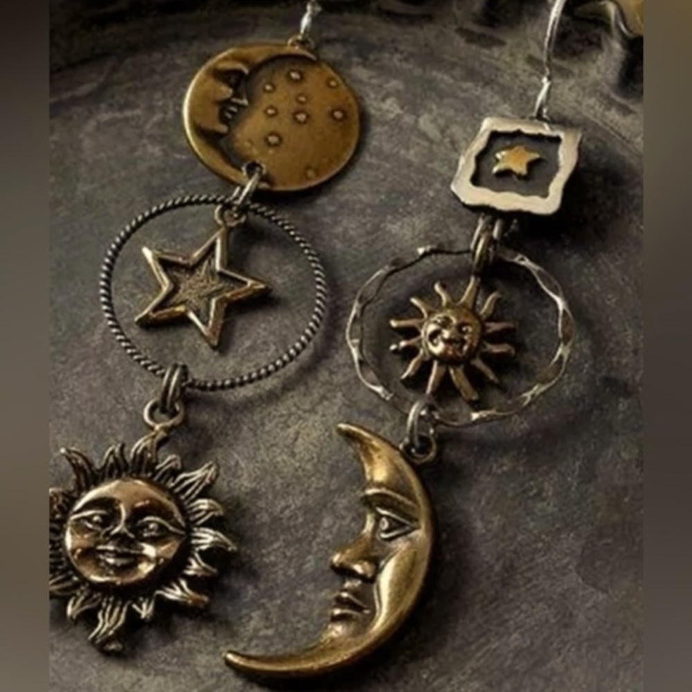 FREE PEOPLE Celestial Metal Boho Dangle Steampunk hook Earrings copper bronze